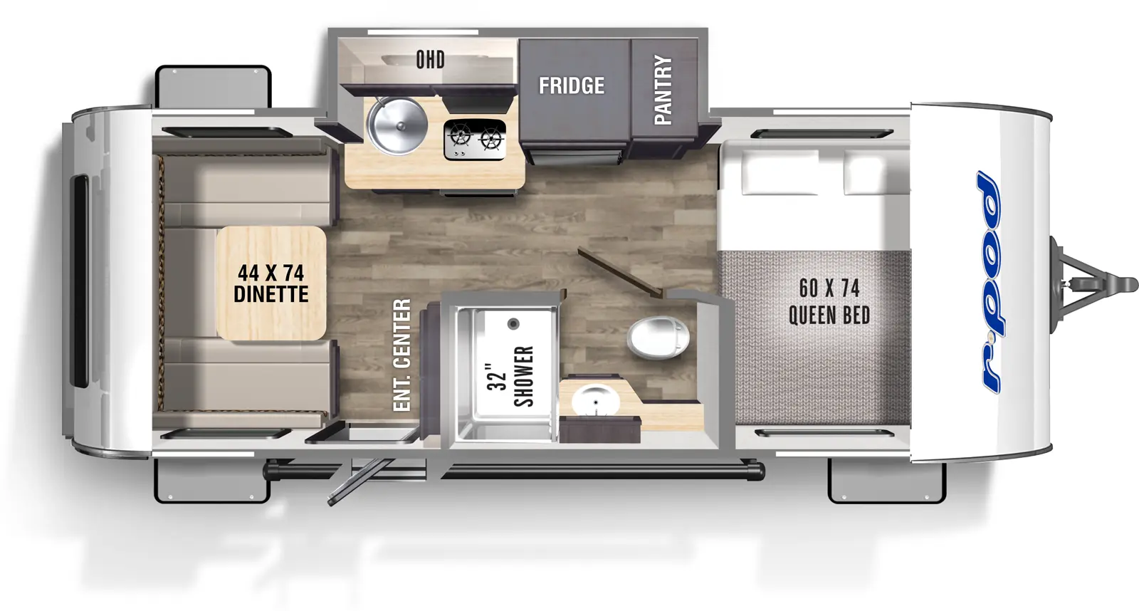 The RP-190C has one slideout and one entry. Interior layout front to back: side facing queen bed; off-door side slideout with pantry, refrigerator, kitchen counter with cooktop, sink, and overhead cabinet; door side full bathroom, entertainment center along inner wall, and entry; rear dinette.